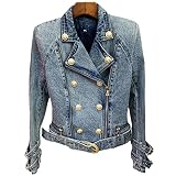 Fashion Designer Jackets Women's Zippers Lion Buttons Biker Denim Motorcycle Jacket denim blue XL
