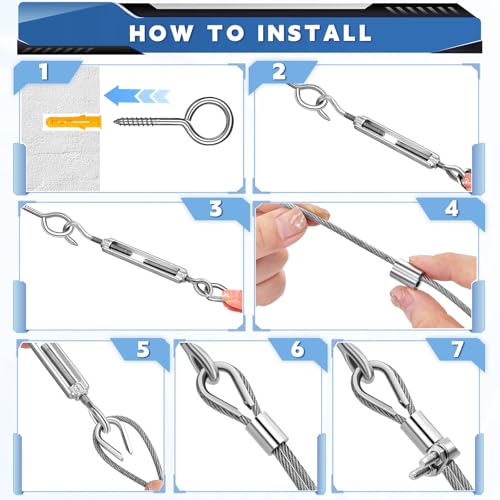Bridokit 50M 2MM Drahtseil Edelstahl, 80Pcs 304 Stahlseil Kit, Stahlseil mit Ösen, M5 Spannschlösser, Stahlseil Ummantelt & Zeltheringe für Kletterpflanzen, Wäscheleine, String Lichter, Zeltseil