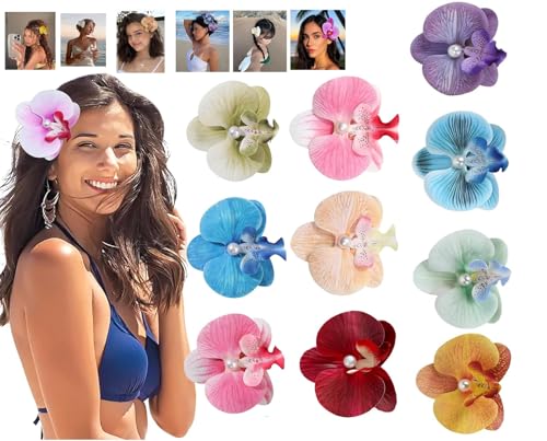 10 Pièces Pinces à Cheveux Fleur,Hawaïennes,Épingles à cheveux bohémiennes avec orchidée papillon, Pince à Cheveux Fleur Clip pour les vacances, les...