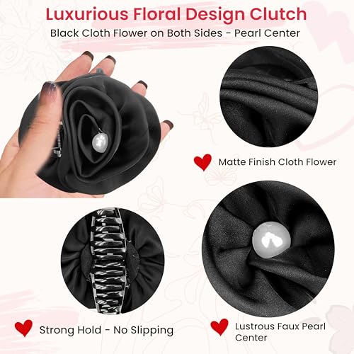 Image of TEMPERIA (1pc) Flower Hair Claw Clips for Women | Aesthetic & Stylish Clutchers Hair Accessories for Women for Party & Wedding | Big Flower, Strong Grip & Durable | Black