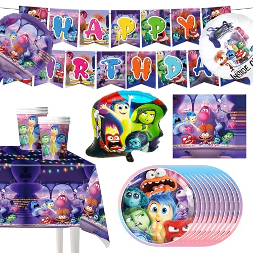 45P Inside aniversário decorações de festa, In-side Out Party Tableware Set, com pratos de papel chávenas guardanapos, toalha de mesa faixa e balões de personagem Insisde, decoração de mesa de