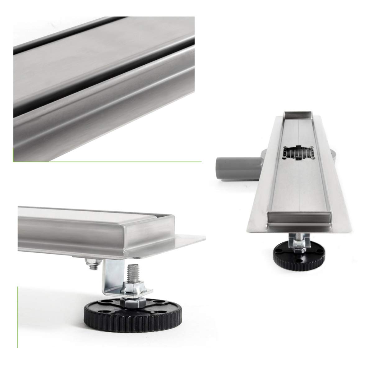 VBChome Canaleta de desagüe de ducha alicatable, de 90 cm, de doble cara, para suelo, de acero inoxidable, muy plana, sifón con autolimpieza, tamaños 60-100 cm, juego completo para cuarto de baño
