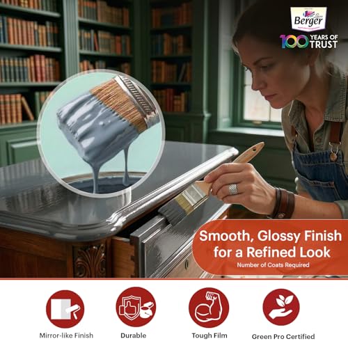 Image of BERGER Luxol Hi-Gloss Enamel Paint | Oil-Based | Mirror Like Durable Weather Resistant High Gloss Finish | for Interior & Exterior Wall Wood Metal Surfaces | Green Pro Certified (1L, Smoke Grey)