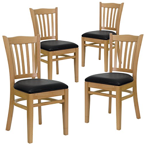 Image of Flash Furniture 4 Pk. HERCULES Series Vertical Slat Back Natural Wood Restaurant Chair - Black Vinyl Seat