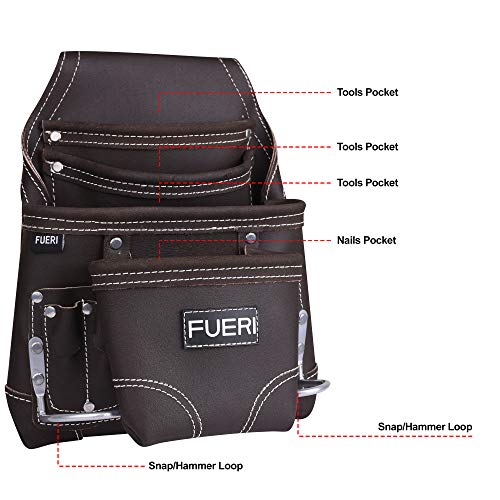 Fueri Leather Tool Pouch For Carpenters 10 Pocket Framers Belt Bag | High Gauge Premium Oil Tanned Leather Construction Maintenance Organizer Tool Holder (Chochlate) #TOP2