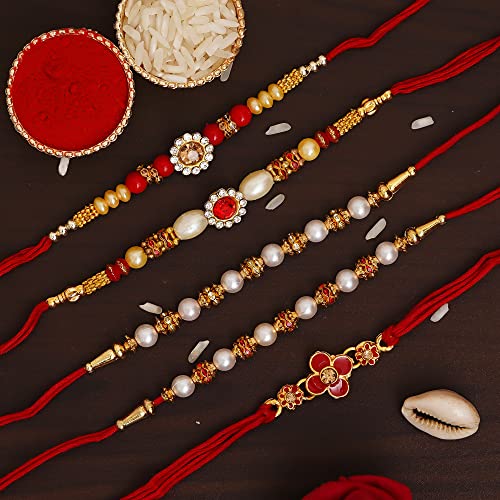 Image of eCraftIndia Set of 5 Red, Golden & White Beads, Pearl, Diamond, Floral Designer Rakhis, Best Bro Ever Fridge Magnet with Roli Chawal Pack - Rakhi for Brother, Bhaiya, Bhai