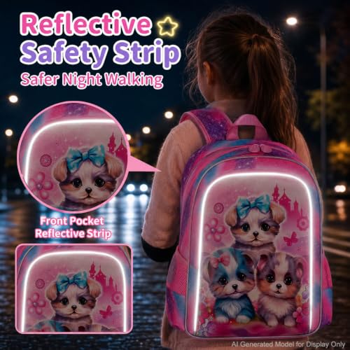 Image of AGSDON 3PCS Backpacks for Girls, 16 inch Elementary Kids Cute Dog Backpack Preschool School Bookbags and Lunch Box