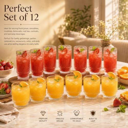 Image of bellemax Ribbed Glasses - 6 Pcs 330 ML & 6 Pcs 190 ML Water and Juice Glasses, Premium Ribbed Drinking Tumblers, Glassware Set for Home, Kitchen, Dining & Parties Set of 12
