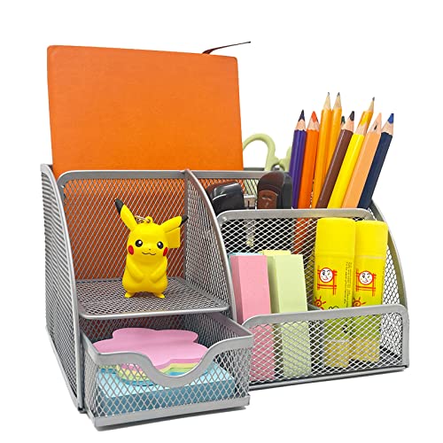 Multifunktions Schreibtisch Organizer,Stiftehalter Schreibtisch aus Metall,Büro Organizer,Organizer Schreibtisch Desk Organizer,Geeignet für Schule,Büro usw. (Sieben Gitter - Silber) Cover