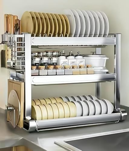 SLLS ステンレス大容量水切りラック食器ディッシュラック 調理器具収納 キッチン収納 包丁スタンドまな板ラック箸立て付き 滑り止め設計 簡単組み立て