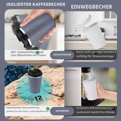 Volhoply 360ml doppelwandiger vakuumisolierter Reise-Thermobecher, 18/8 (304) Edelstahl-Kaffeebecher to go mit Klappdeckel… – Ansicht 3