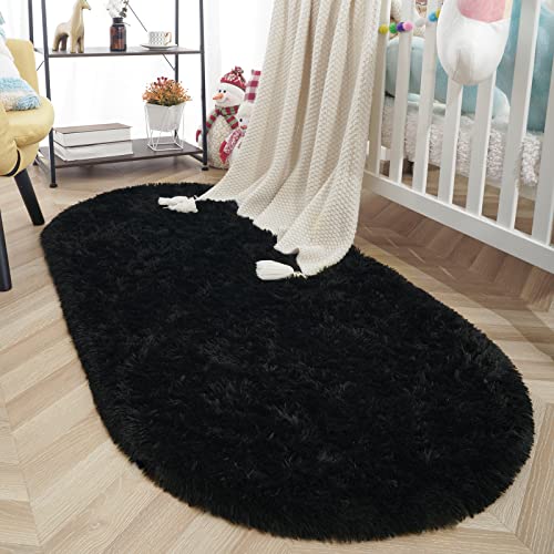 Tapete ovalado de felpa suave ISEAU, 2.6 x 5.3 ft, negro miniatura 2