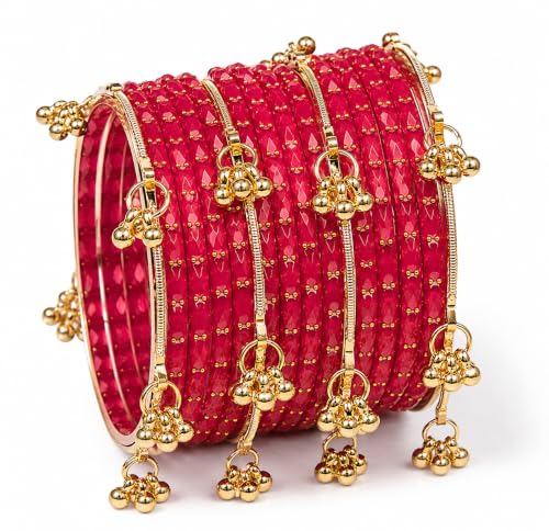 Image of JPS 16 Pcs Trendy Stylish Glass & Kashmiri Ghungroo Bangles Set for Women & Girls | Gold-Plated Traditional Festive Wedding Party Jewellery Chudi Set (12 Glass + 4 Metal)