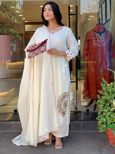 Image of GoSriKi Women Viscose Straight Kurta with Palazzo and Dupatta | Embroidered Kurta Set for Women | V-Neck Straight Ethnic Kurta Palazzo Outfit for Casual Festive & Party