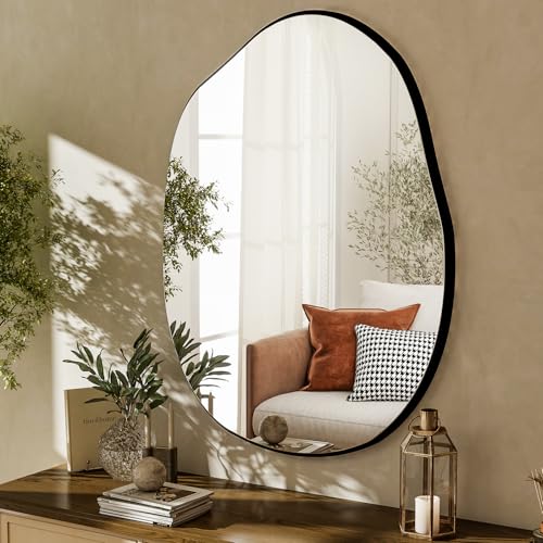 HARRITPURE Irregular Wall Mirror 22'x32' Black Asymmetrical Bathroom Mirror Wood Framed Modern Decorative Vanity Mirrors for Bedroom Living Room Entryway