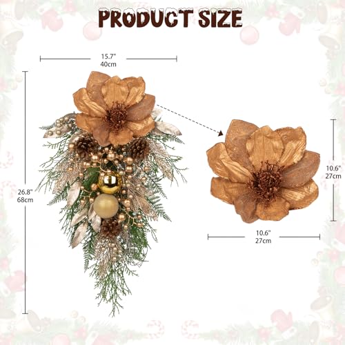 27" Champagne Artificial Christmas Teardrop Swag with Magnolia, Gold Christmas Balls, Berries Leaves Branches Pine Cones Pine Needles for Front Door, Home Window Indoor Outdoor Xmas & Holiday Decor by Nature Crafted - Image 3