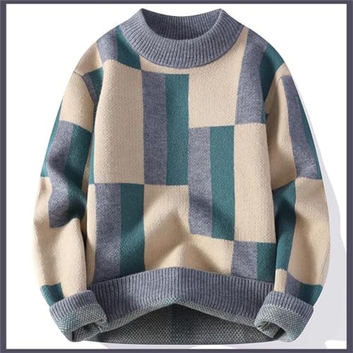 Men's Round Neck Sweater, Winter Thickened and Warm Bottom Sweater, Plaid Knit Sweater(2XL)3