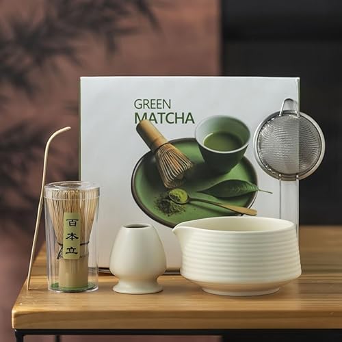 Marjoramy Matcha-Set, Matcha-Schale mit Ausguss, Matcha-Besen, Matcha-Löffel, 5-teiliges Keramik Matcha Sets, Bambus-Mat...