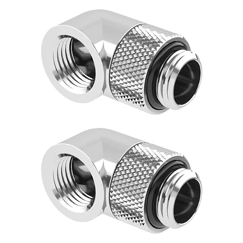Dracaena 2 pack G1/4\" thread Male to Female Extender Fitting, 90Â° Rotary Fitting Adapter Connector for Computer Water Cooling System, Silver
