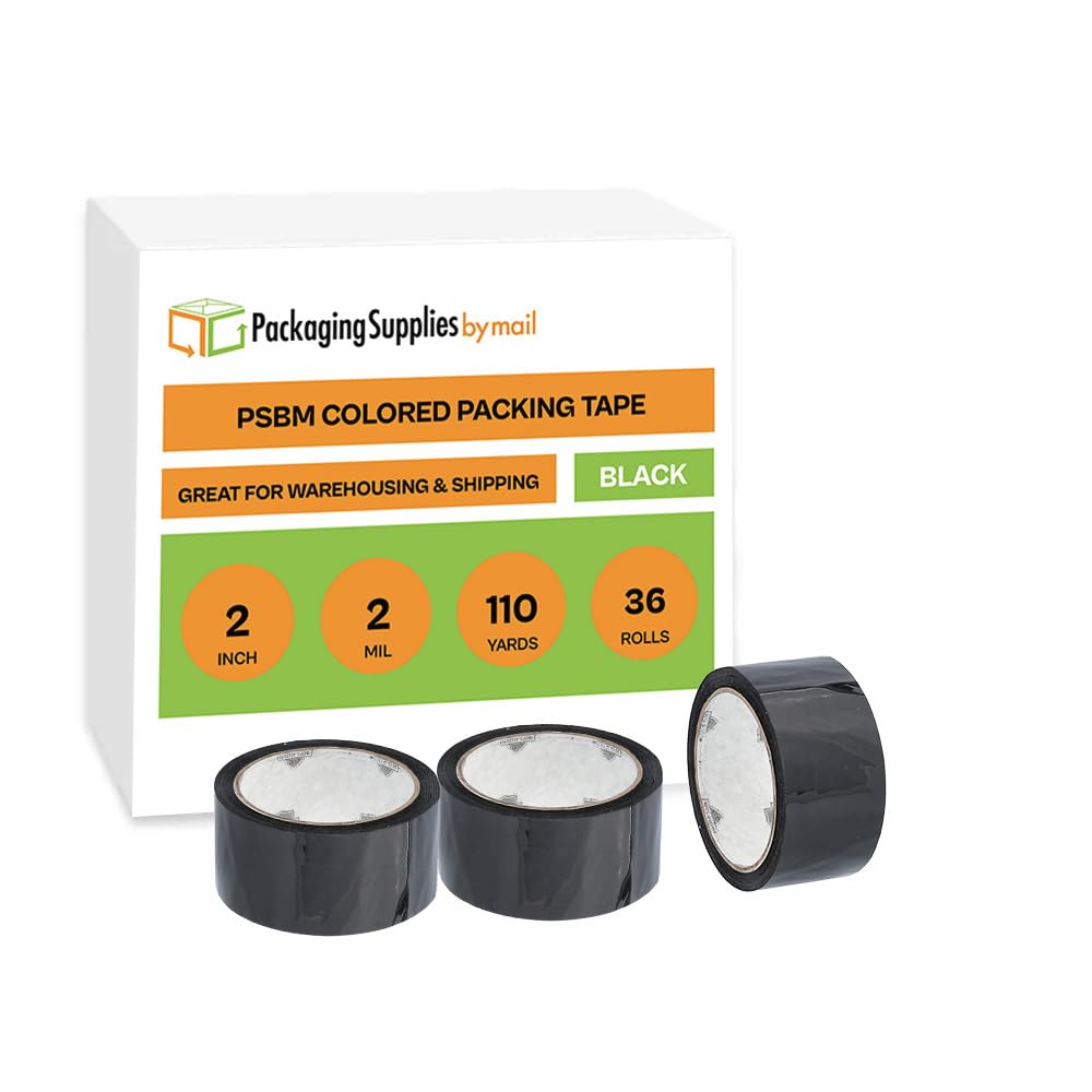 PSBM Black Packing Tape, 2 Inch x 110 Yards, 36 Pack, Heavy Duty Colored Packaging Tape for Dispenser Refill, Moving, Storage, Shipping