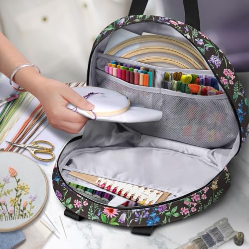 Image of FINPAC Embroidery Project Bag, Embroidery Supplies Storage Carrying Tote Case with Multiple Pockets for Floss, Hoops, Thread, Stitch Tools Kit [Bag Only] (Black Floral)
