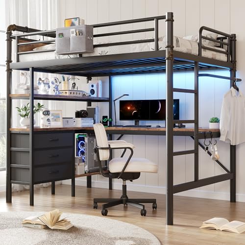 Full Size Loft Bed with L-Shaped Desk, LED Lights,Charging Station, Industrial Heavy Duty Metal Loft...