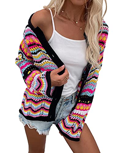 Image of xxxiticat Women's Rainbow Knitted Cardigan Sweater Long Sleeve Multicolor Striped Sweater Jumpers Open Front Jacket