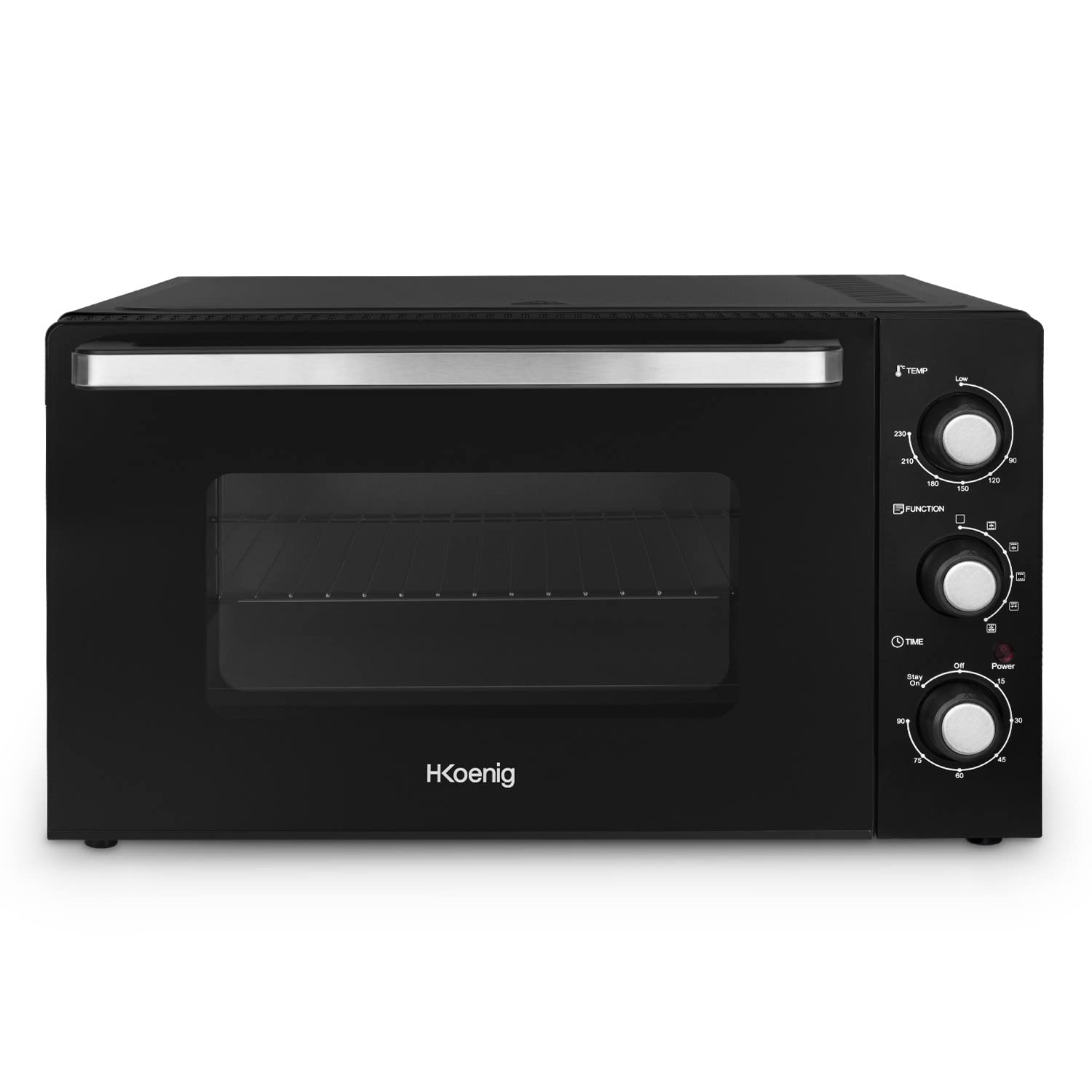 H.​Koenig Mini Four Compact FO42, Capacité 42L, Température jusqu'à 230°C, 5 Modes de Cuisson, Minuteur jusqu'à 90 min, Chaleur Tournante/​Rôtisserie, avec pince, ramasse-​miette et tournebroche, 2000W