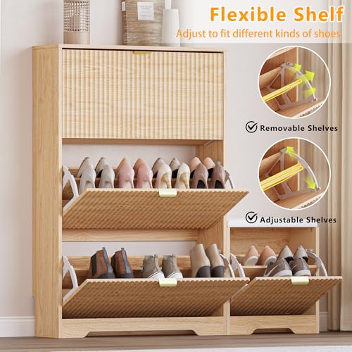 Image of BORNOON Slim Shoe Cabinet with Bench for Entryway, Hidden Storage and Adjustable Shelves, Free Standing Wooden Shoes Organizer for Hallway, Foyer