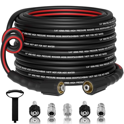 VIVIDWASH Flexible 1/4' Pressure Washer Hose 50FT,3600PSI Kink Resistant Power Washer Replacement Hose with Leak-Free M22-14mm&3/8' Quick Connect Kit,Used for Extension