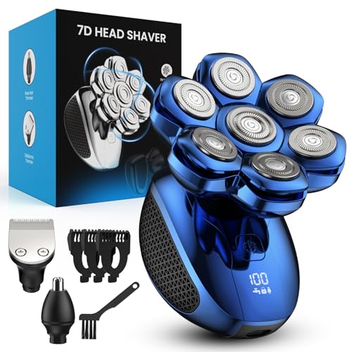 Image of Head Shaver for Bald Men, 7D Floating Electric Razor, Close Smooth Shave for Head, Flexible Heads, Replaceable Blade, IPX7 Waterproof Wet Dry Use, LED Display, USB Charging Blue