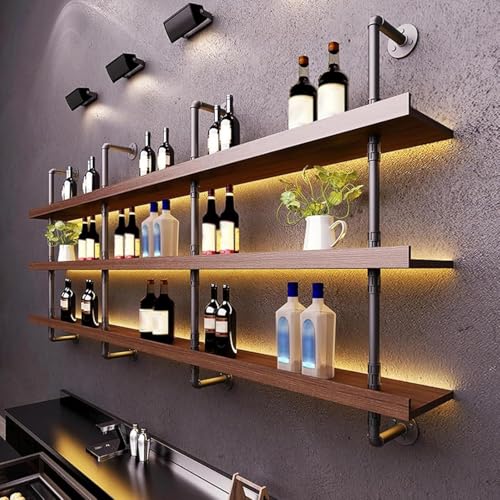 Image of 23.6in Wall Mounted Wine Rack with LED Light Solid Wood | 3-Tiers Liquor Bottles Floating Shelves Display Storage Organizer for Home Bar & Dining Room