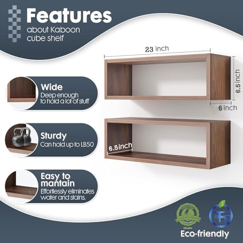 Image of 23 in Floating Cube Shelves Set of 2 Wooden Wall Mounted Rectangle Shelves for Storage and Display in Kitchen Living Room Bedroom or Office (23-Inches-Dark-Walnut)