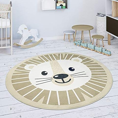 Paco Home Kinderteppich Teppich Rund Kinderzimmer Spielmatte rutschfest Modern Löwen Motiv Beige Weiß Cover