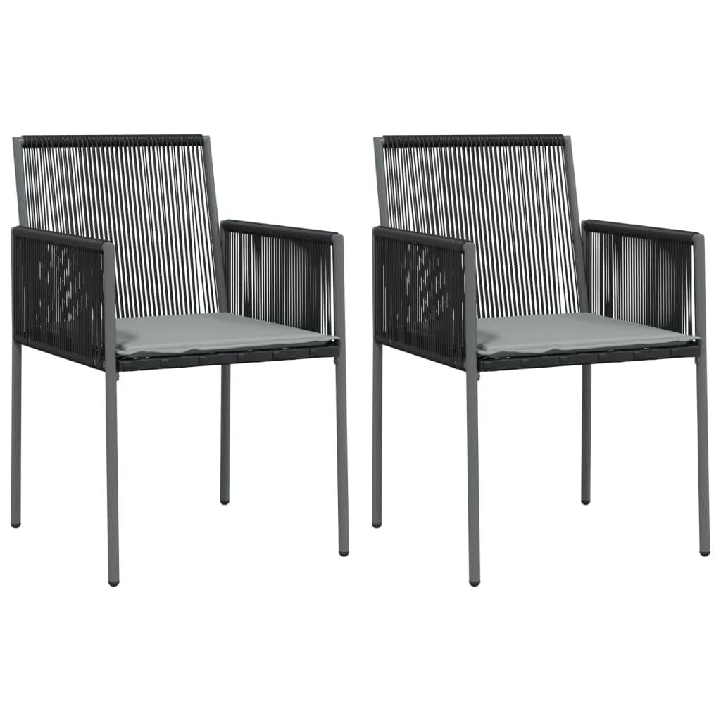 Set 2 Sedie da Giardino in Polyrattan Nero con Cuscini | Poltrone da esterno con braccioli e spessi cuscini grigi, ideali per arredare balcone, terrazza e patio con stile.