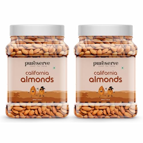 Image of Pureserve Natural California Almonds 1Kg (500g*2) - Whole Badam Giri | High in Protein, Fiber & Essential Nutrients | Boosts Immunity & Energy | 100% Natural, Gluten-Free Superfood | Jar Pack OF 2