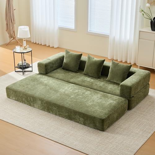 ZEIINPA Comfy Convertible Folding Mattress Couch, Floor Sofa Bed, Chenille Floor Sofa with Armrest, Floor Sofa Lounge Couch for Living Room Bedroom Lounge Studio-Green