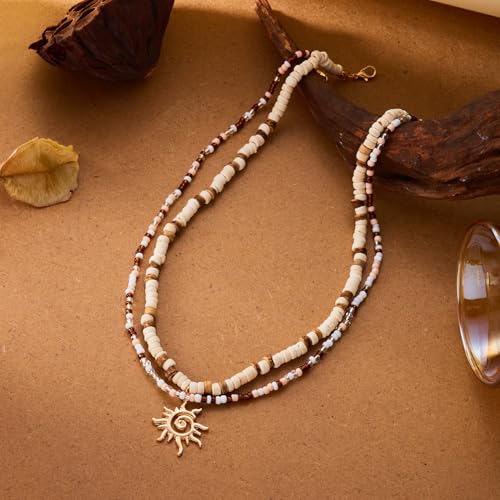 RINHOO Puka Shell Necklace for Women and Men Surfer Wooden Bead Coconut Shell Beach Jewelry Hawaii Necklace for Women (Style 1-Gold) — view 4