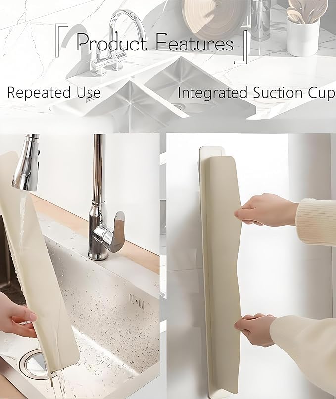 PRUVIA Kitchen Sink Splash Guard - 33cm Silicone Anti-Splash Baffle with Suction Cups - Flexible Water Stopper Strip for Kitchen & Bathroom Countertop, Cut-to-Fit Edge Protector 3