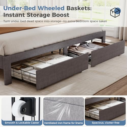 Image of King Size Storage Bed Frame, Square Tufted Headboard, Platform Bed with 2 Underbed Drawers at Foot, Wooden Slats Support, No Box Spring Needed, Dark Gray