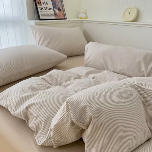 Image of MKXI Ultra-Slim Stripes Washed Cotton Duvet Cover Set, Breathable Textured Coastal Bedding in Oyster White & Sand Dune, Twin 3-Piece, Nautical Stripe