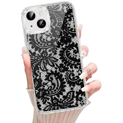 Coque iPhone 15 transparente dentelle noire fleurie vintage antichoc - 2