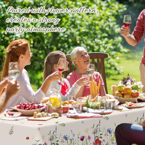 Image of Ganeen 3 Pcs Spring Floral Tablecloth Disposable Plastic Wildflower Table Cloth Rectangle Table Cover Waterproof for Birthday Wedding Easter Mothers Day Tea Party Supplies and Decor, 54 x 108 Inch