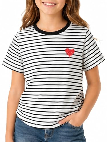 Ecolala Girls Striped Shirts Heart Graphic Tees Black and White 7-8 Years