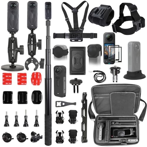 PellKing Accessories Kit for insta360 X5 Included Carrying Case with Belt 2 Pcs Metal 1/4 Adapter Handlebar Clamp Magnetic Mount 43in Selfie Stick Chest Strap Head Strap Backpack Mount and Others