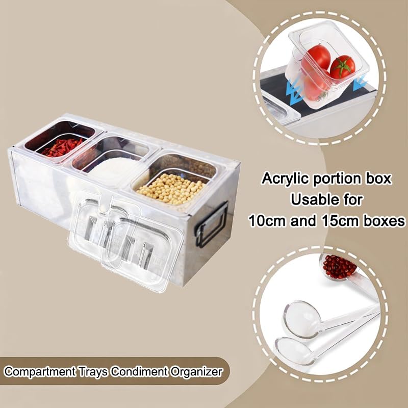 XPLKQXE Contenedor Expositor Alimentos sobre Mostrador con Base Hielo, Dispensador Refrigerado Condimentos para Ensaladas(Silver-B,49.5x20x18cm/3set)