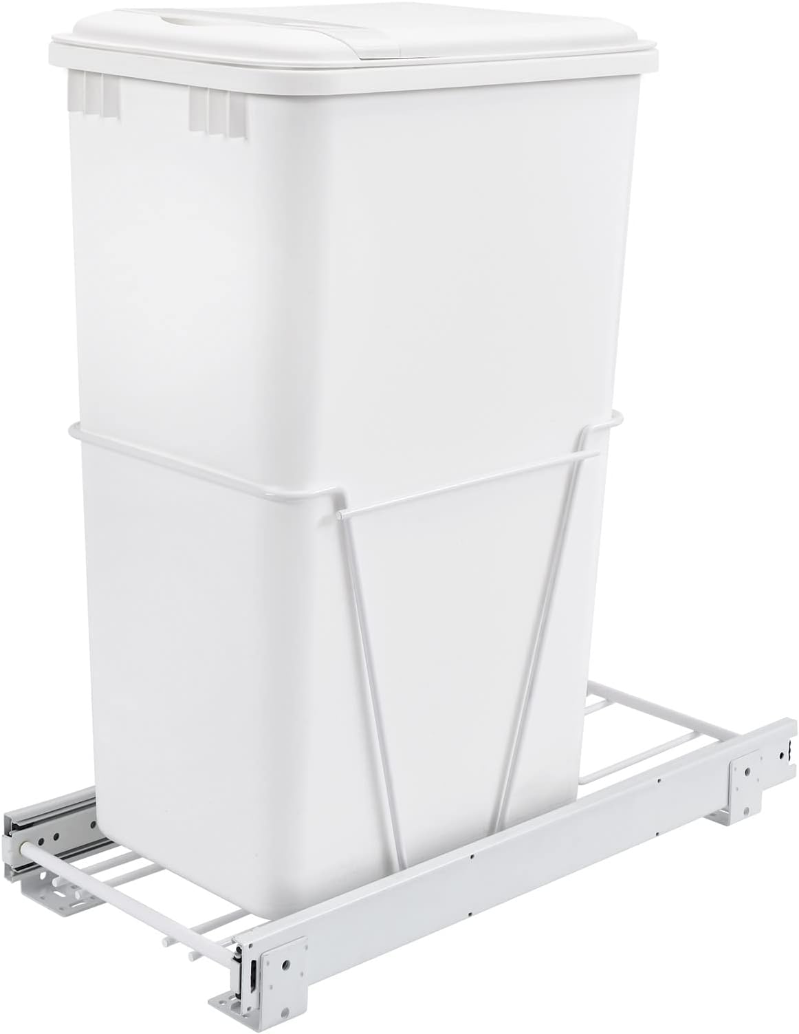 Rev-A-Shelf Single Pull Out Under Sink 50 Qt Trash Can for Base Kitchen/Bathroom Cabinets w/Lid, Slides, and Simple Installation, White, RV-12PB-50 S