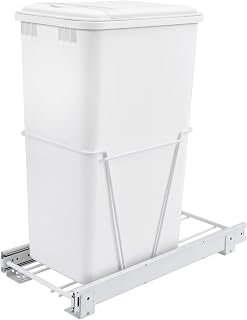 Rev-A-Shelf Single 50 Qt Pullout Trash Can with Lid for Base Kitchen Cabinets, Garbage Waste Bin System with Full Extension Slides, Min Opening Width of 11.2", White, RV-12PB-50 S