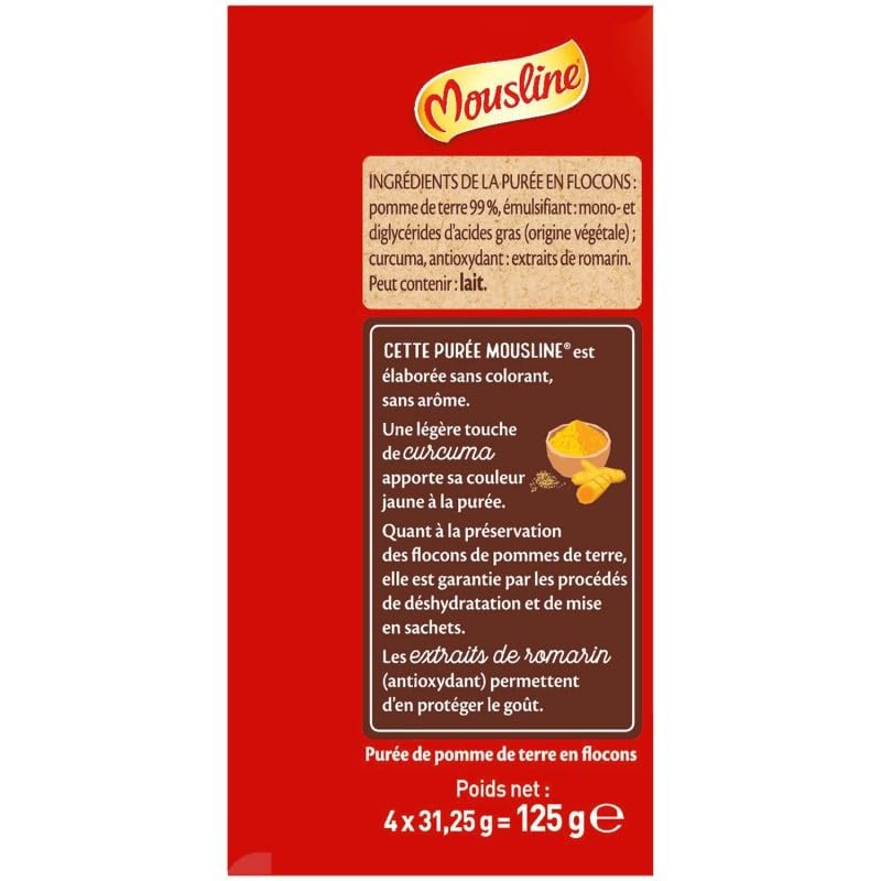 Mousline Purée Nature - Format Individuel 125g (4 sachets x 31.25g) - Purée Instantanée Pratique - Idéale Pour une Personne - Le Lot De 4