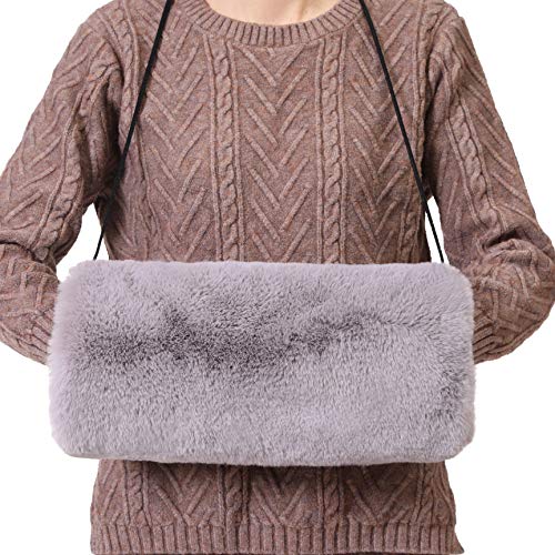 Rulala Fancy Faux Fur Hand Muff for Women Winter Hand Warm Warmer with PU Leather Strap(Grey)